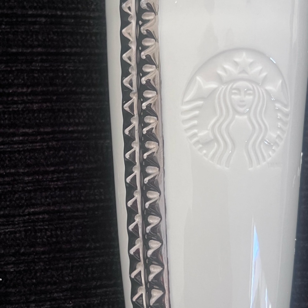 Starbucks White Ceramic Tumbler with Silver Accents
